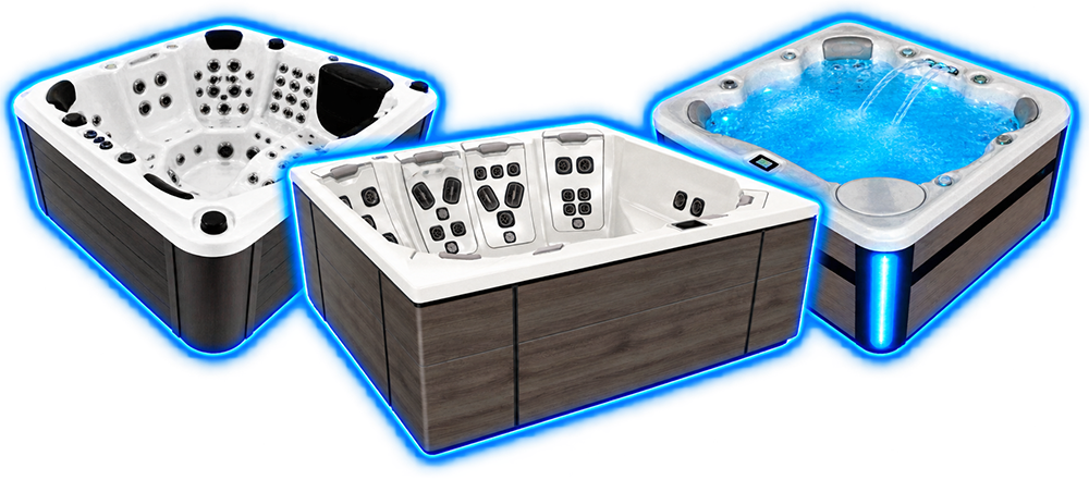 Three Bullfrog Spas hot tubs with blue neon accent lighting
