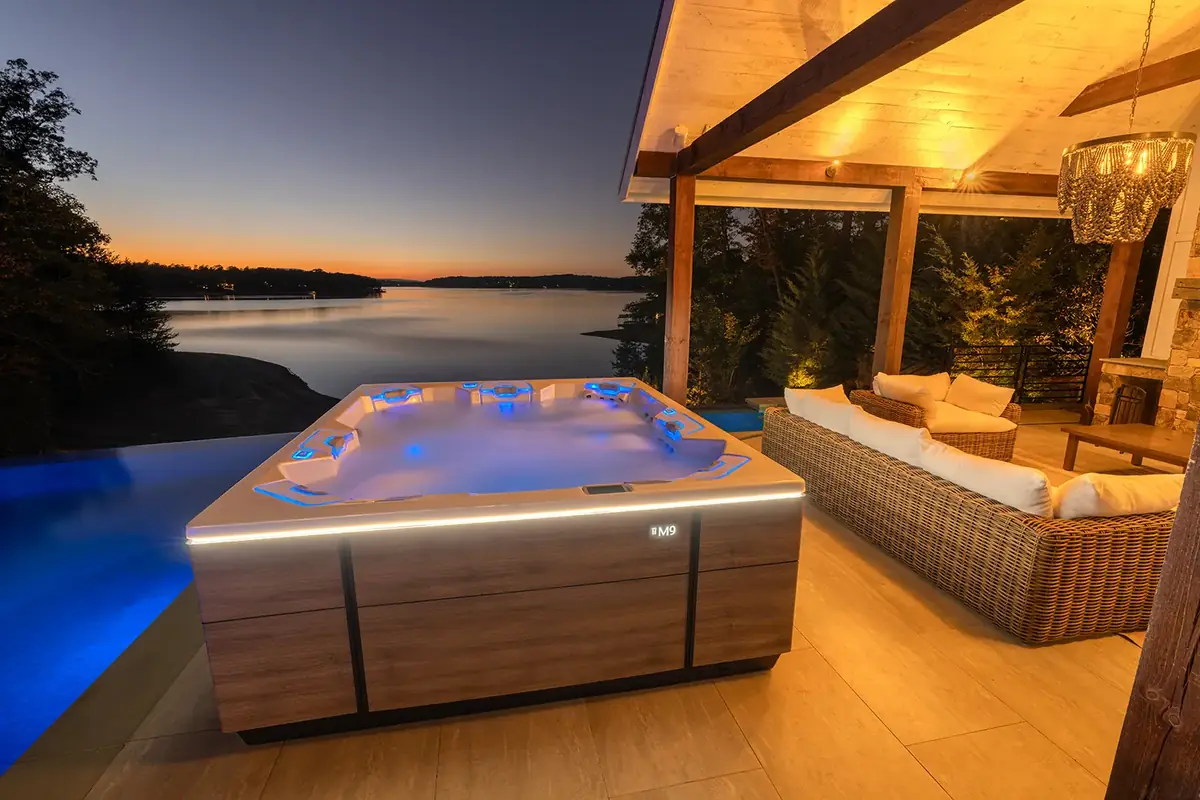 Bullfrog M9 hot tub glowing at night